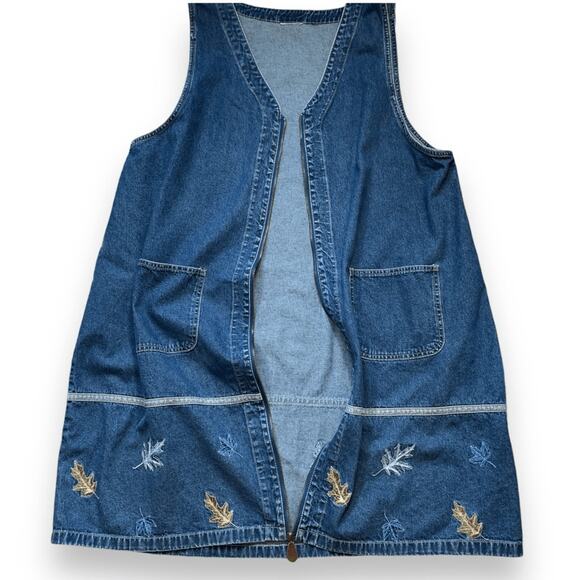 Vintage 90s Denim Jumper Dress Zip Front Autumn Leaf Embroidery Sleeveless Plus - Picture 7 of 12